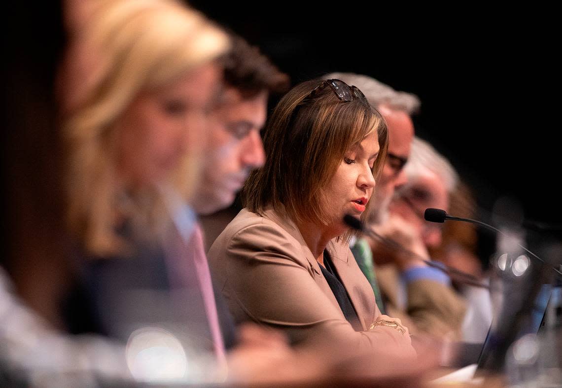 Kellie Blue, chair of the UNC System Board of Governors’ University Governance committee, speaks during a meeting on Wednesday, April 17, 2024, in Winston-Salem, N.C.