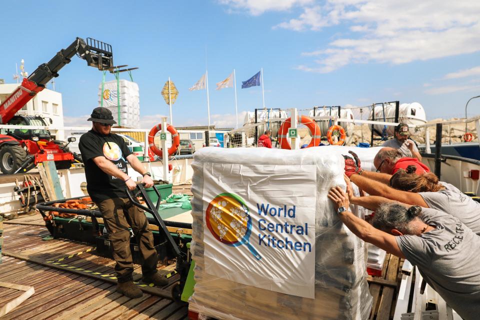 World Central Kitchen staff load Open Arms boat with aid for Gaza (World Central Kitchen)