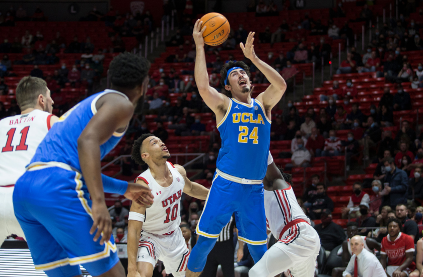 SALT LAKE CITY, UT - JANUARY 20: Jaime Jaquez Jr. #24 of the UCLA Bruins drives to the basket against the Utah.