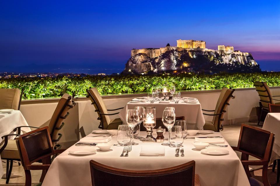 View of the Parthenon from a restaurant at Hotel Grande Bretagne