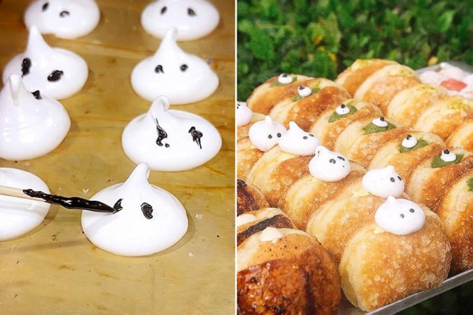 Little lemon meringues getting a spooky upgrade for Basket Break’s Lemon Ghostie Sourdonuts.