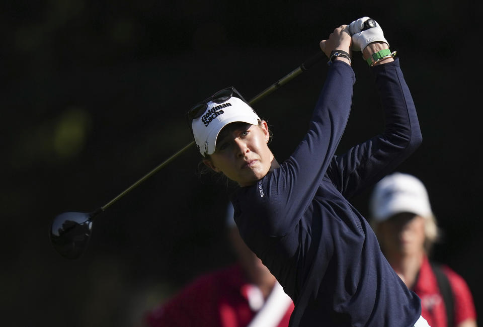 Nelly Korda, of the United States, watches her tee shot on the 10th hole during the third round at the LPGA CPKC Canadian Women's Open golf tournament in Vancouver, British Columbia, Saturday, Aug. 26, 2023. (Darryl Dyck/The Canadian Press via AP)