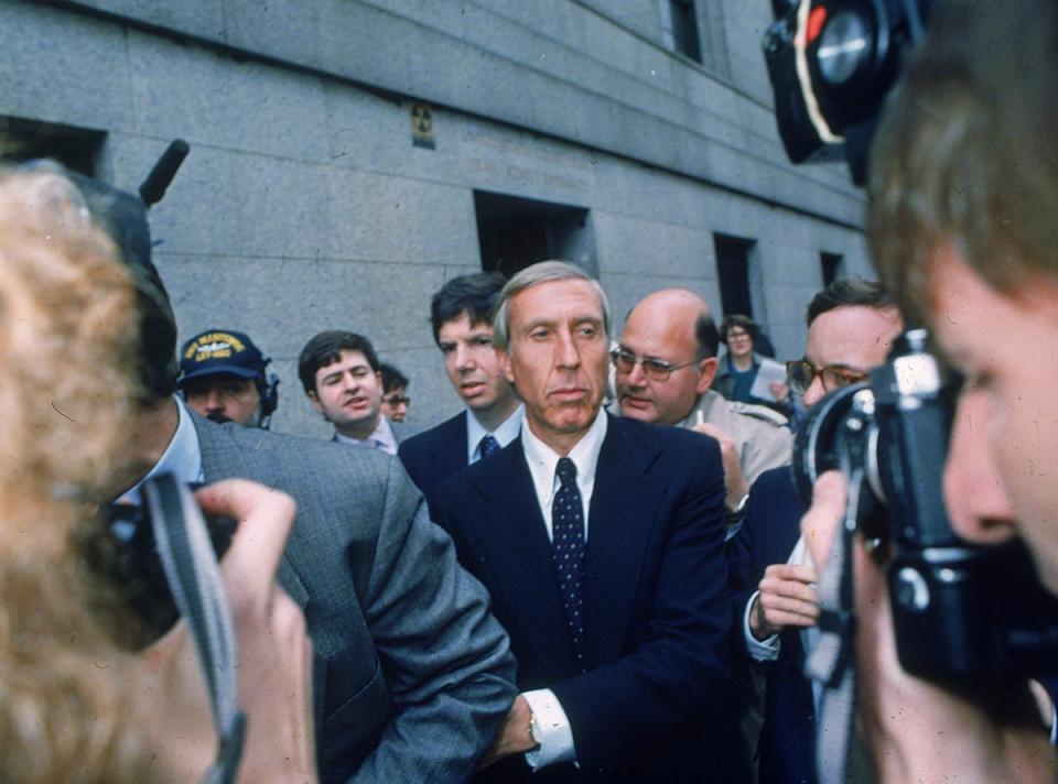 Ivan F. Boesky, center, leaves federal court in New York, April 24, 1987 after pleading guilty to one count of violating federal securities laws. Boesky died on 20 May, 2024, aged 87. (1987 AP)