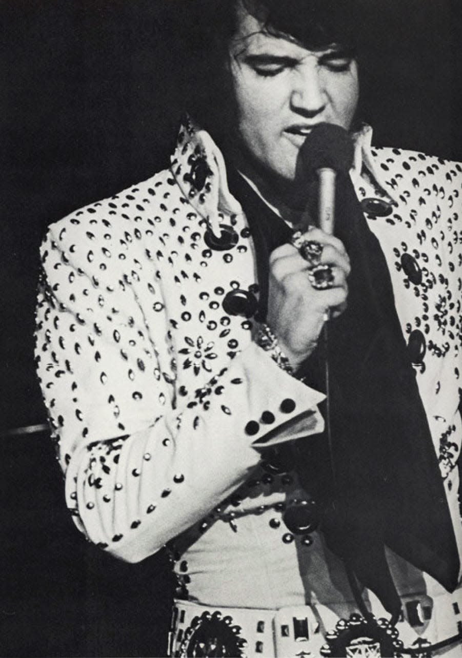 In the first of three appearances at Stokely Athletics Center, Elvis Presley performs on April 8, 1972.