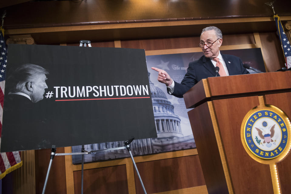 UNITED STATES - JANUARY 20: Senate Minority Leader Charles Schumer, D-N.Y., conducts a news conference in the Capitol as Congress works on a solution to end the government shutdown, which he blames Republicans, on January 20, 2018. (Photo By Tom Williams/CQ Roll Call)