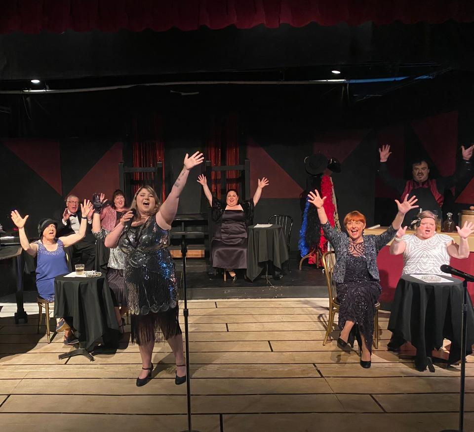 Cast members sing songs of Broadway in "Smoke Gets In Your Eyes/Broadway Speakeasy Favorites," a cabaret by the Chatham Drama Guild, running through Sept. 3. Pictured are, left to right, Alison Hyder, Jim Davidson, Kimberly Matthews, Laura Barabe, Amy Kraskouskas, Deb Mahaney, Suzanne Fecteau, Robert Grady.