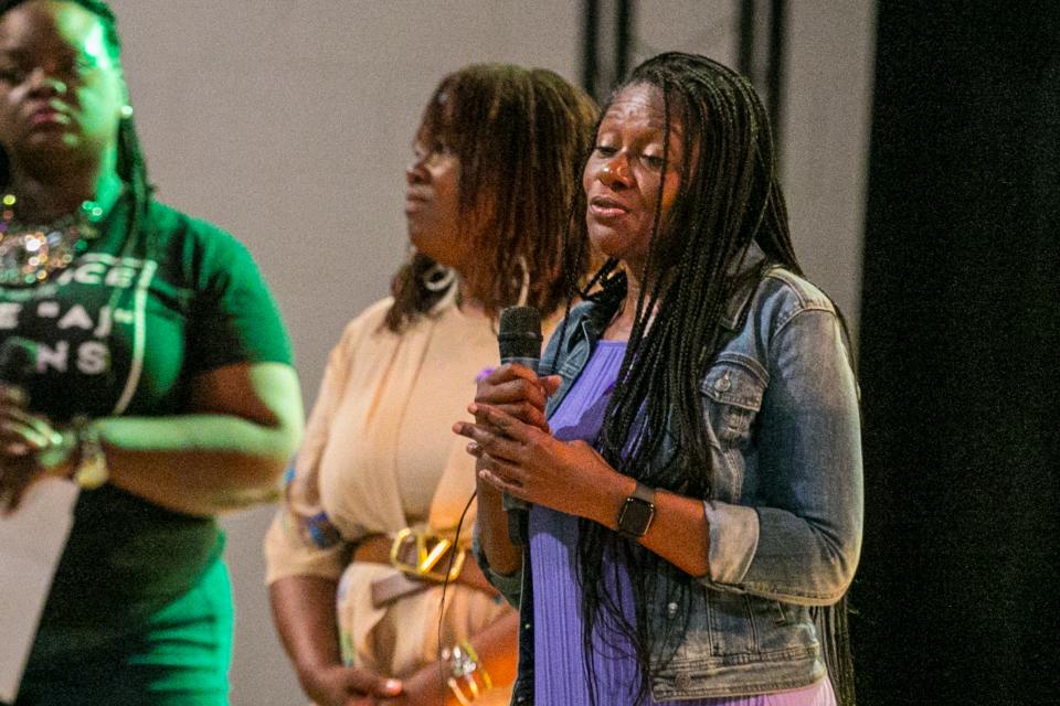 Pamela Davis, AJ Owens' mother, speaks Saturday during the National Day of Righteous Outrage Justice for Ajike Owens at Kingdom Revival Church in Ocala.