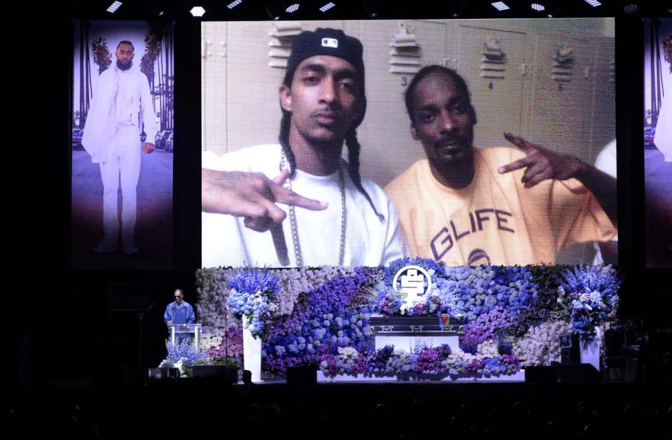 <div class="inline-image__caption"><p>Snoop Dogg speaks onstage during Nipsey Hussle's Celebration of Life at Staples Center on April 11, 2019, in Los Angeles, California.</p></div> <div class="inline-image__credit">Kevork Djansezian/Getty</div>