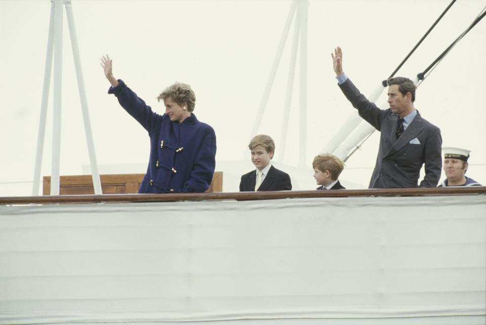 Diana, Princess of Wales  (1961 - 1997), Prince William, Prince Harry and Prince Charles wave from the deck of the Royal Yacht 'Britannia' as she leaves Toronto, after an official visit to Canada, 27th October 1991.  (Photo by Jayne Fincher/Princess Diana Archive/Getty Images)