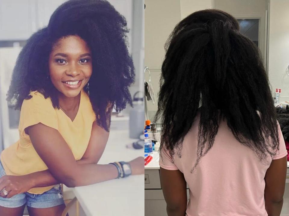 Jennifer Adesina shared photos of herself before using Olaplex, left, and after.