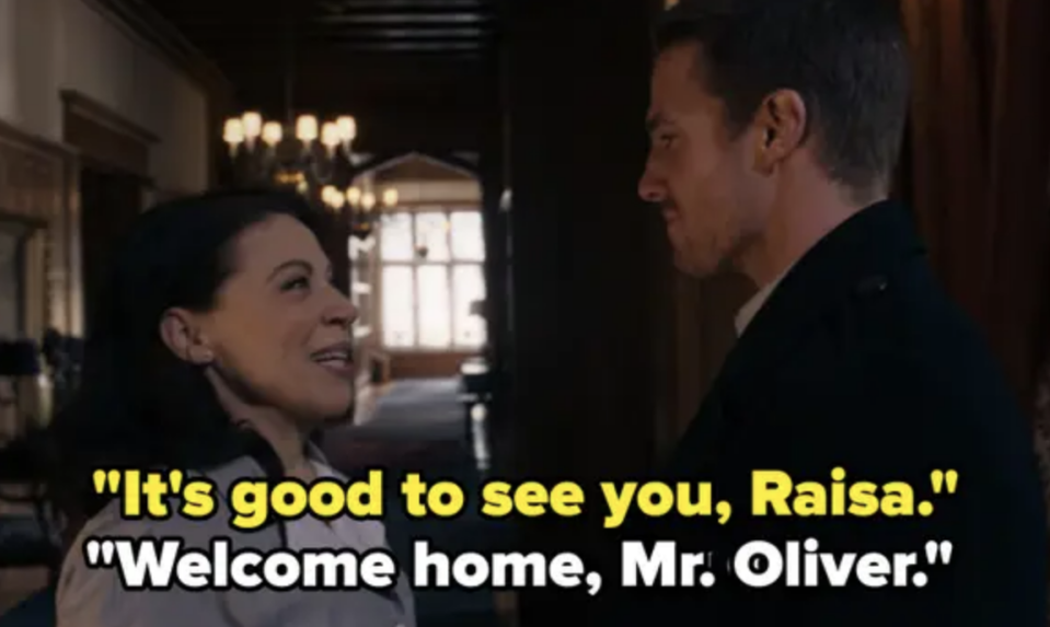 Oliver tells Raisa it's good to see her, and she says welcome home