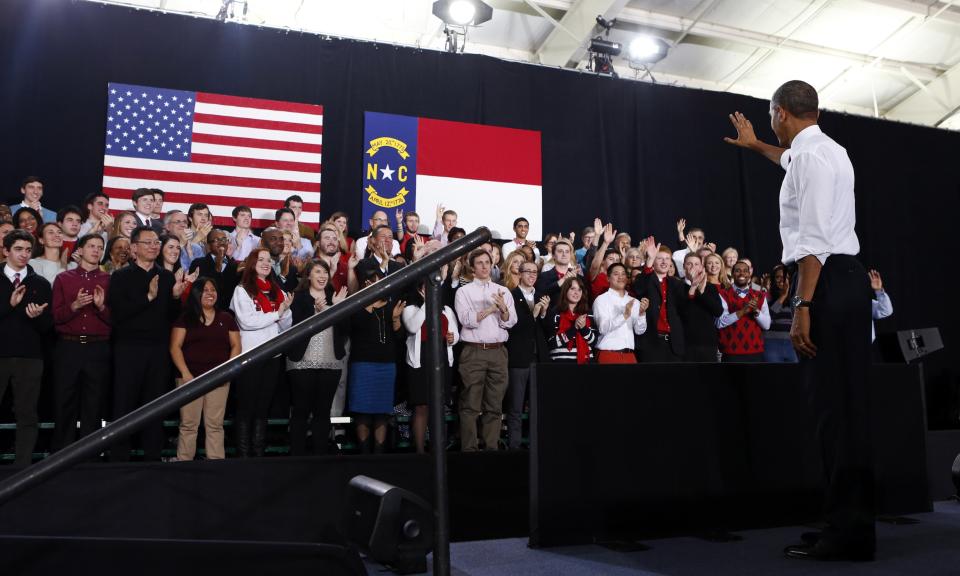 U.S. President Barack Obama waves from the platform after speaking at North Carolina State University in Raleigh