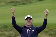 Team USA's Justin Thomas gestures to the crowd on the ninth hole during a practice day at the Ryder Cup at the Whistling Straits Golf Course Thursday, Sept. 23, 2021, in Sheboygan, Wis. (AP Photo/Ashley Landis)