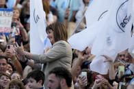 "Juntos por el Cambio" presidential candidate Patricia Bullrich has a selfie taken with her supporters during a campaign rally in Buenos Aires, Argentina Oct. 16, 2023. General elections are set for Oct. 22. (AP Photo/Natacha Pisarenko)