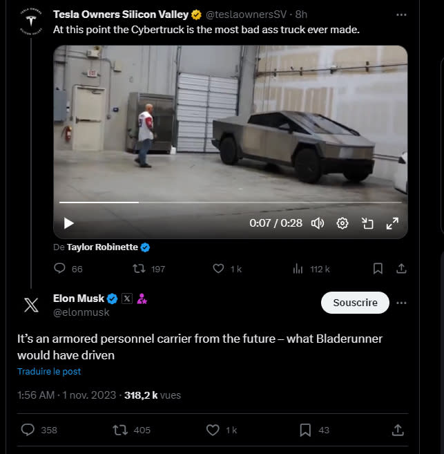 Tweet d'Elon Musk sur le Cybertruck blindé // Source : Elon Musk