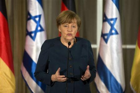 German Chancellor Angela Merkel speaks during her meeting with Israeli Prime Minister Benjamin Netanyahu at the Prime minister's residence in Jerusalem February 24, 2014. REUTERS/Sebastian Scheiner/Pool