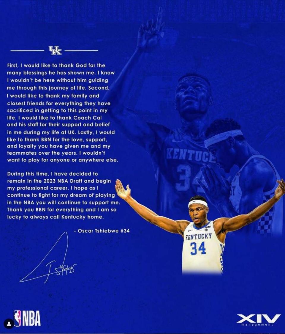 Oscar Tshiebwe announced his departure from Kentucky via Instagram on Wednesday afternoon.