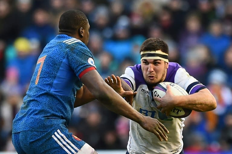 Scotland's hooker Stuart McInally is tackled by France's flanker Yacouba Camara during their Six Nations rugby union match, in Edinburgh, in February 2018