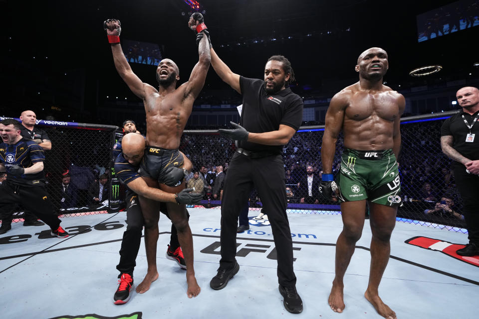 LONDON, ENGLAND - MARCH 18: Leon Edwards of Jamaica reacts after defeating Kamaru Usman of Nigeria in the UFC welterweight championship fight during the UFC 286 event at The O2 Arena on March 18, 2023 in London, England. (Photo by Jeff Bottari/Zuffa LLC via Getty Images)