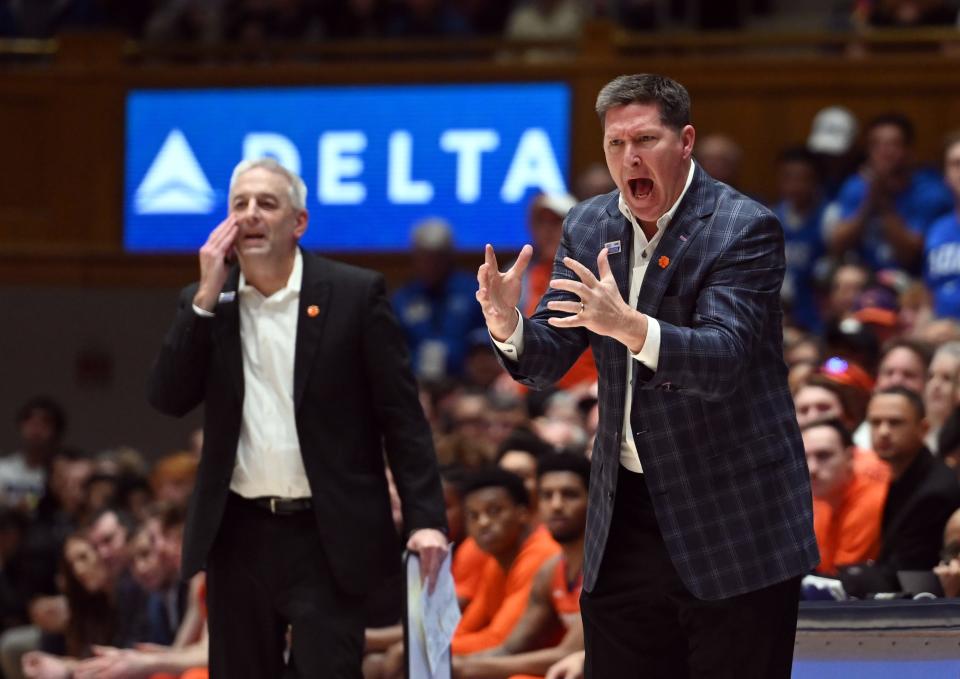Jan 27, 2024; Durham, North Carolina, USA; Clemson Tigers head coach Brad Brownell (right) directs his team during the first half against the Duke Blue Devils at Cameron Indoor Stadium. Mandatory Credit: Rob Kinnan-USA TODAY Sports