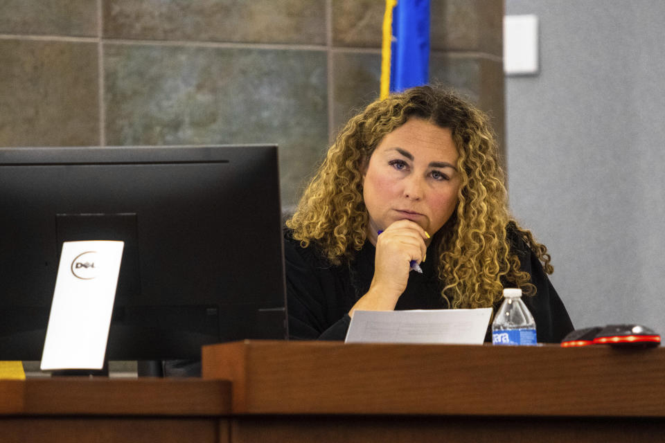 Clark County District Court Judge Carli Kierny listens during a court hearing for Nathan Chasing Horse on Wednesday, April 5, 2023, in Las Vegas. The former “Dances With Wolves” actor accused of sexually abusing Indigenous women and girls in the U.S. and Canada for decades has asked a Nevada judge to toss out a sweeping indictment against him in state court, claiming two women identified as victims in the Las Vegas area wanted to have sex with him. (AP Photo/Ty O'Neil)