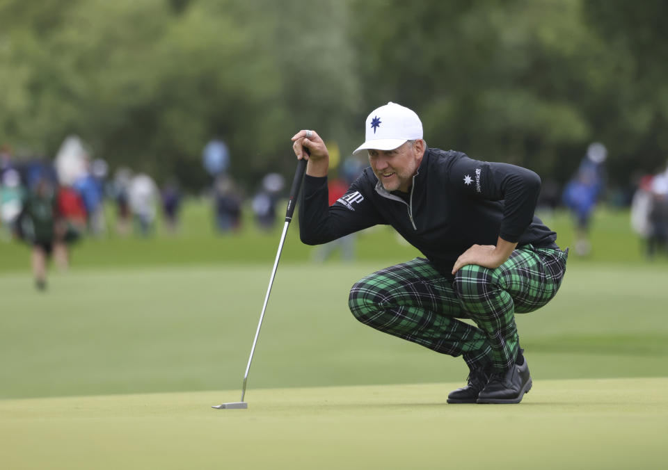 England's Ian Poulter lines up a putt on the 15th hole during the JP McManus Pro-Am at Adare Manor, Ireland, Tuesday, July, 5, 2022. (AP Photo/Peter Morrison)