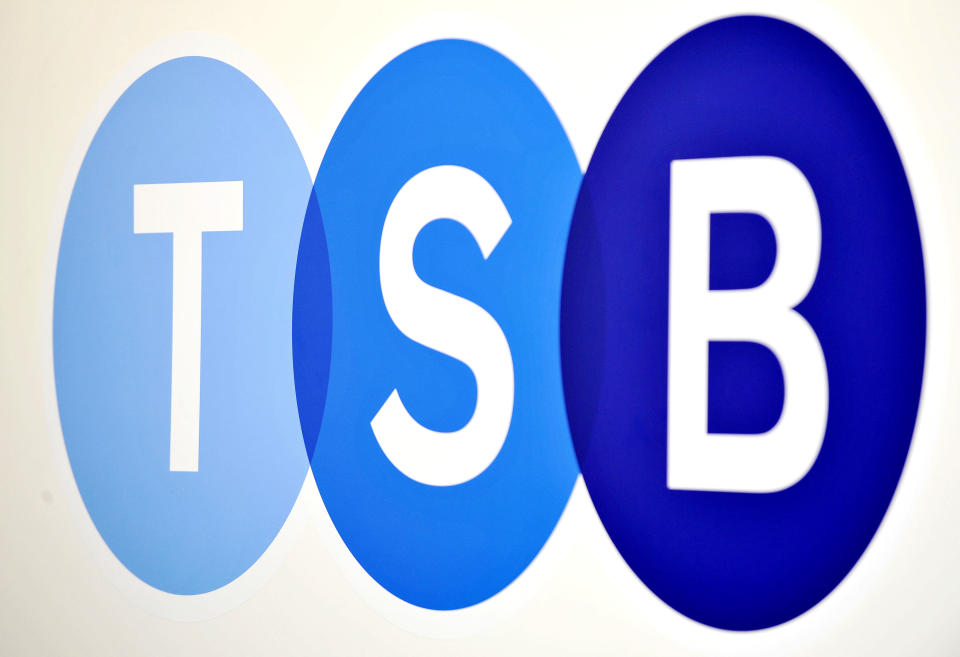 TSB logo in Baker Street, London on the bank's first day of trading, launched by Lloyds Banking Group, more than 600 branches and eight million accounts have been split from Lloyds in order to meet European competition rules.   (Photo by Nick Ansell/PA Images via Getty Images)