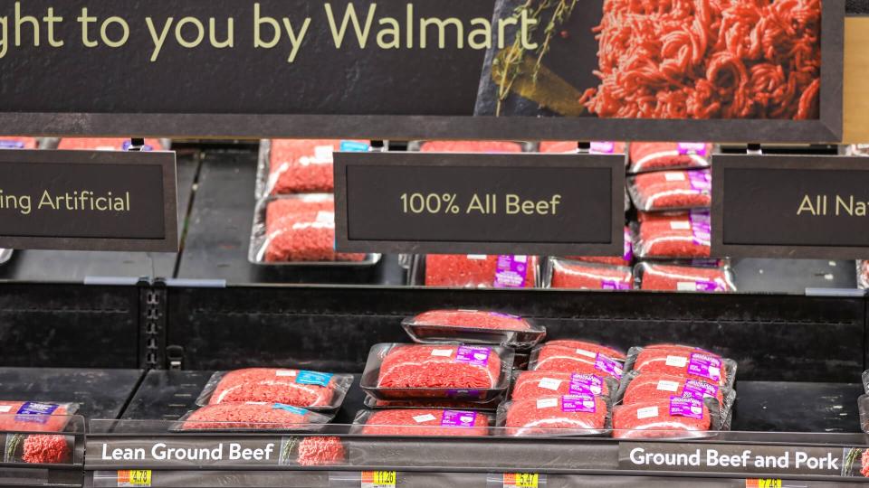 Las Vegas, NV, USA 11/5/2019 â€” A half empty shelf of ground beef at a midnight Walmart Supercenter store in Southern Nevada.