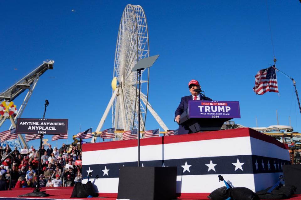 Republican presidential candidate former President Donald Trump speaks during a campaign rally in Wildwood, New Jersey (AP)