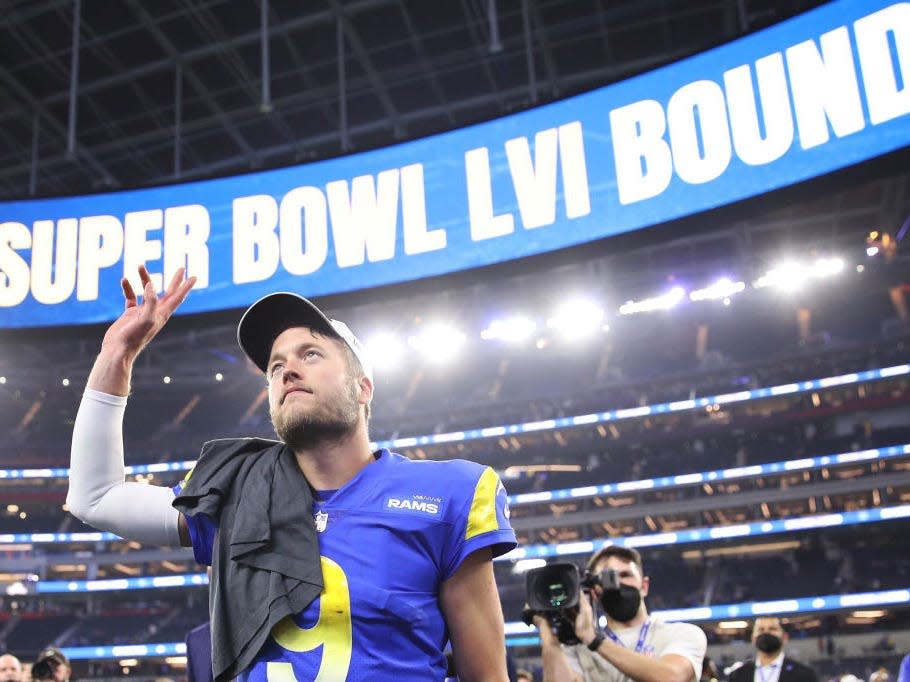 Matthew Stafford #9 of the Los Angeles Rams reacts after defeating the San Francisco 49ers in the NFC Championship Game at SoFi Stadium