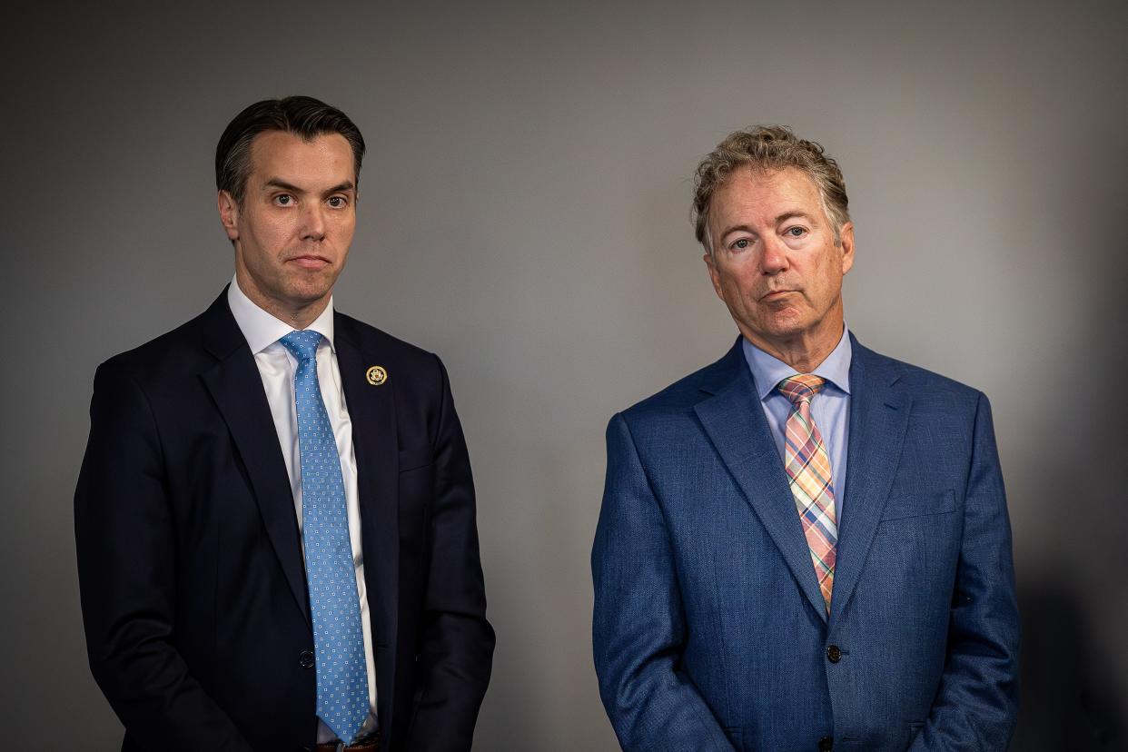 Rep. Morgan McGarvey, left, and Sen. Rand Paul stand together during a press conference to introduce the Justice for Breonna Taylor Act, which would prohibit no-knock warrants on the federal level. March 11, 2024