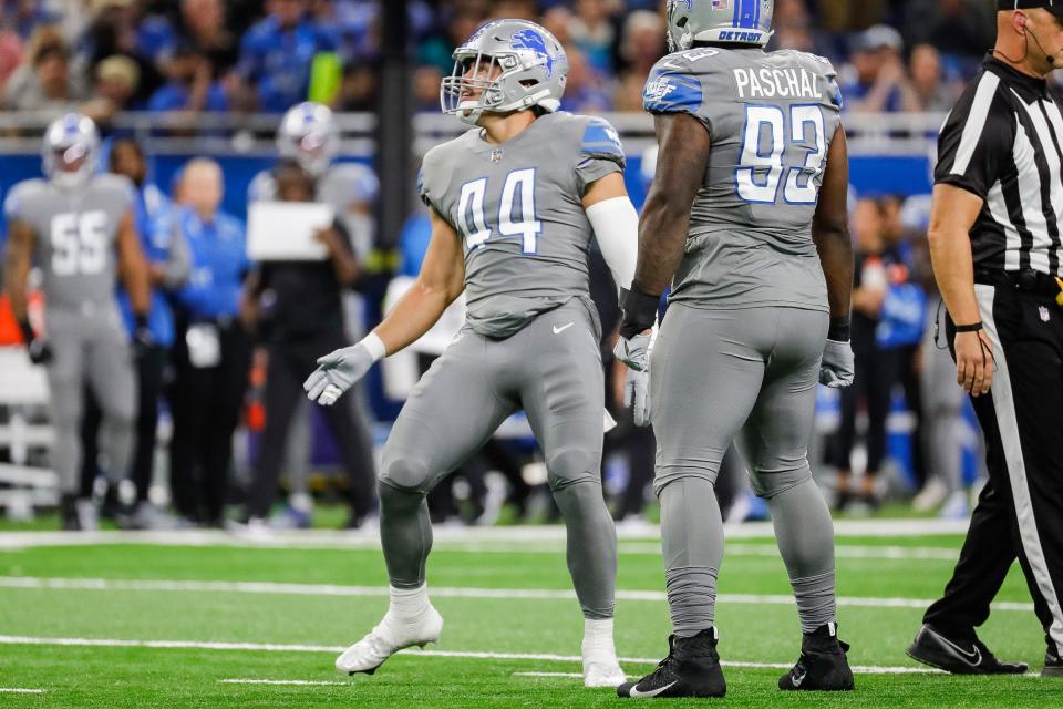 Detroit Lions linebacker Malcolm Rodriguez (44) celebrates a tackle against the Miami Dolphins during the first half at Ford Field in Detroit on Sunday, Oct. 30, 2022.