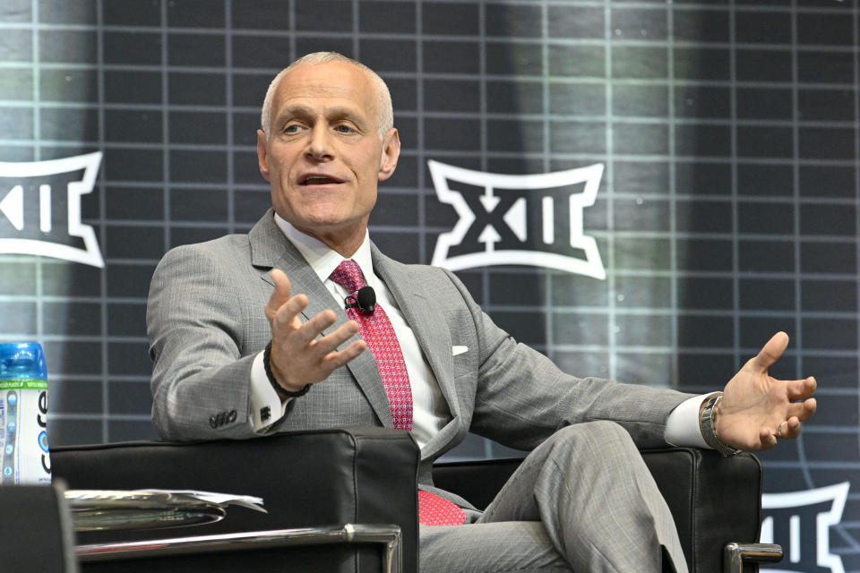 Big 12 commissioner Brett Yormark speaks during Big 12 football media day at AT&T Stadium on July 12. (Jerome Miron-USA TODAY Sports