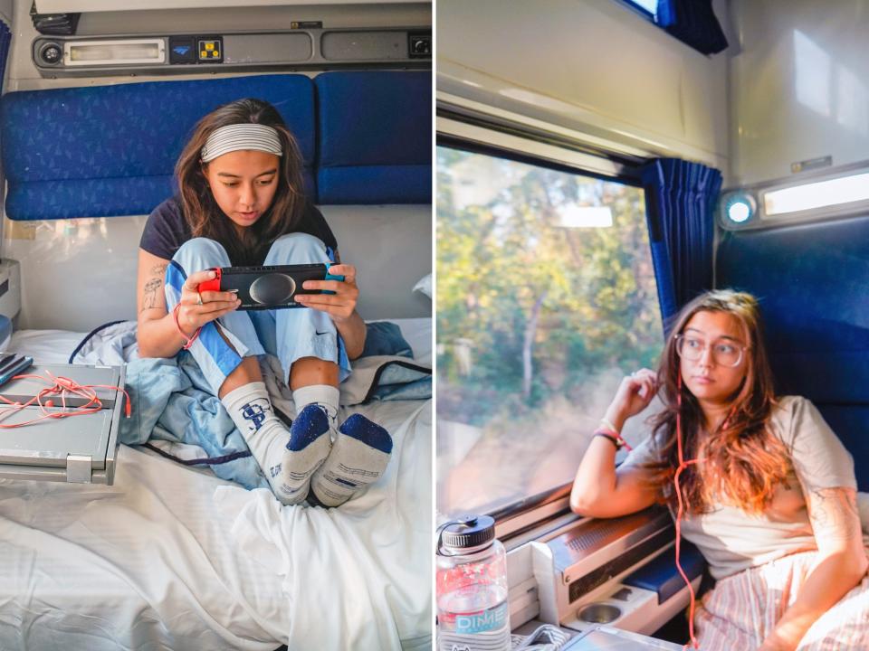 The author plays video games (L) and listens to podcasts (R) on Amtrak trains