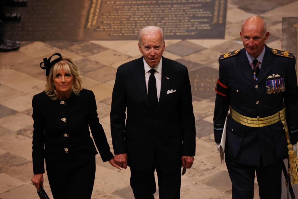 President Joe Biden and first lady Jill Biden attend the state funeral and burial of Queen Elizabeth II at Westminster Abbey on September 19, 2022 in London, England.