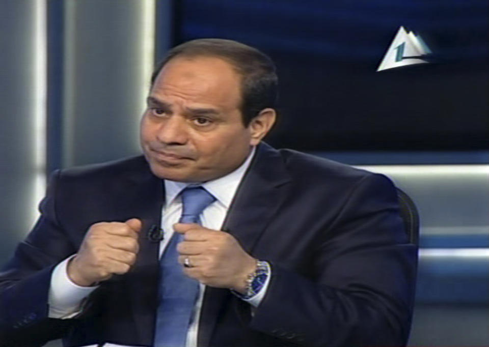 FILE - In this Tuesday, May 6, 2014 file image made from video broadcast on Egypt's State Television, Egypt's retired Field Marshal Abdel-Fattah el-Sissi speaks during an interview in a nationally televised broadcast in Cairo, Egypt. El-Sissi, the former military chief who removed Egypt's elected Islamist president and is poised to assume the post in elections this month, said Sunday, May 11, that he has plans to make improvements in people's living conditions within two years but will step down if they rise up against him. (AP Photo/Egypt's State Television, File)