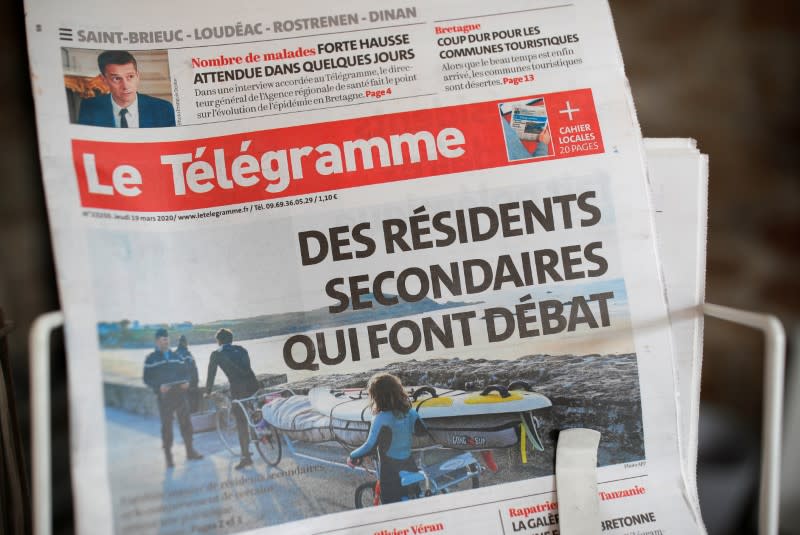 The front page of the Telegramme newspaper is seen in Saint-Jacut-de-la-Mer in Brittany