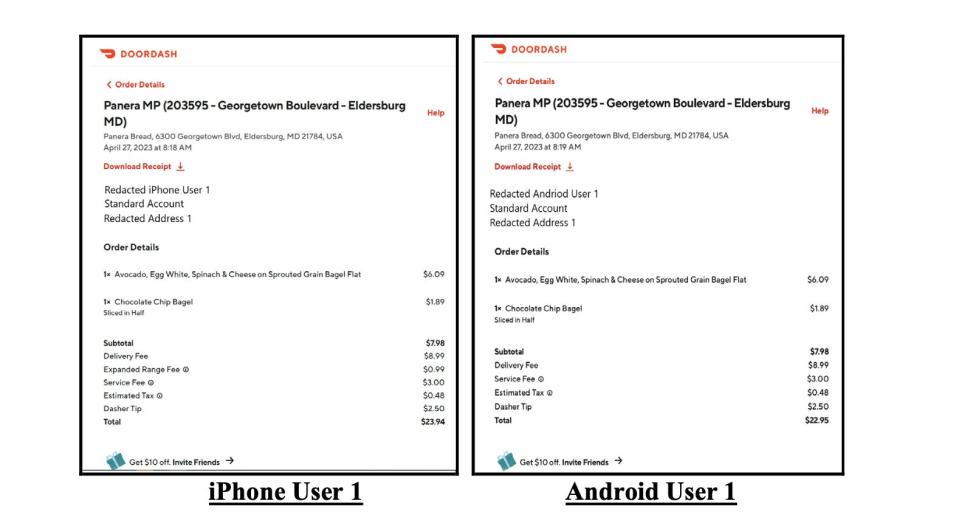 Two screenshots show two identical orders on DoorDash to a Panera Bread location in Maryland. The left, placed on an iPhone, shows a total of $23.94, while the the one on the right, placed on an Android, totals $22.95.