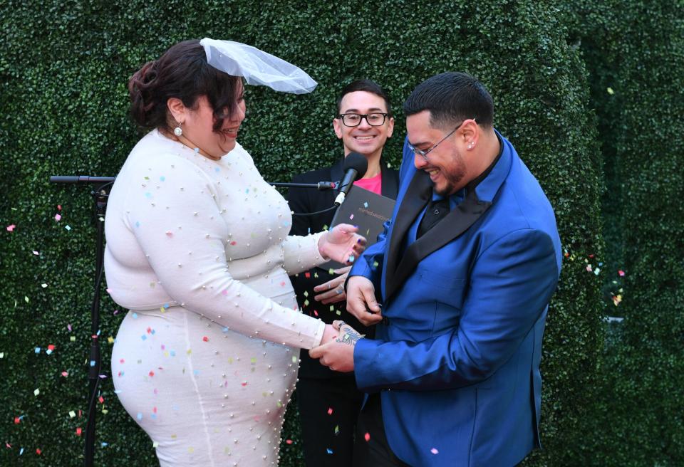 Christian Siriano attends as Minted Weddings and Christian Siriano ring in Valentine's Day with pop-up wedding ceremonies in Times Square at Duffy Square in Times Square on February 14, 2023 in New York City.