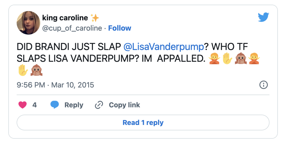 a tweet that says, "Did Brandi just slap Lisa Vanderpump? Who tf slaps LVP? I'm appalled."