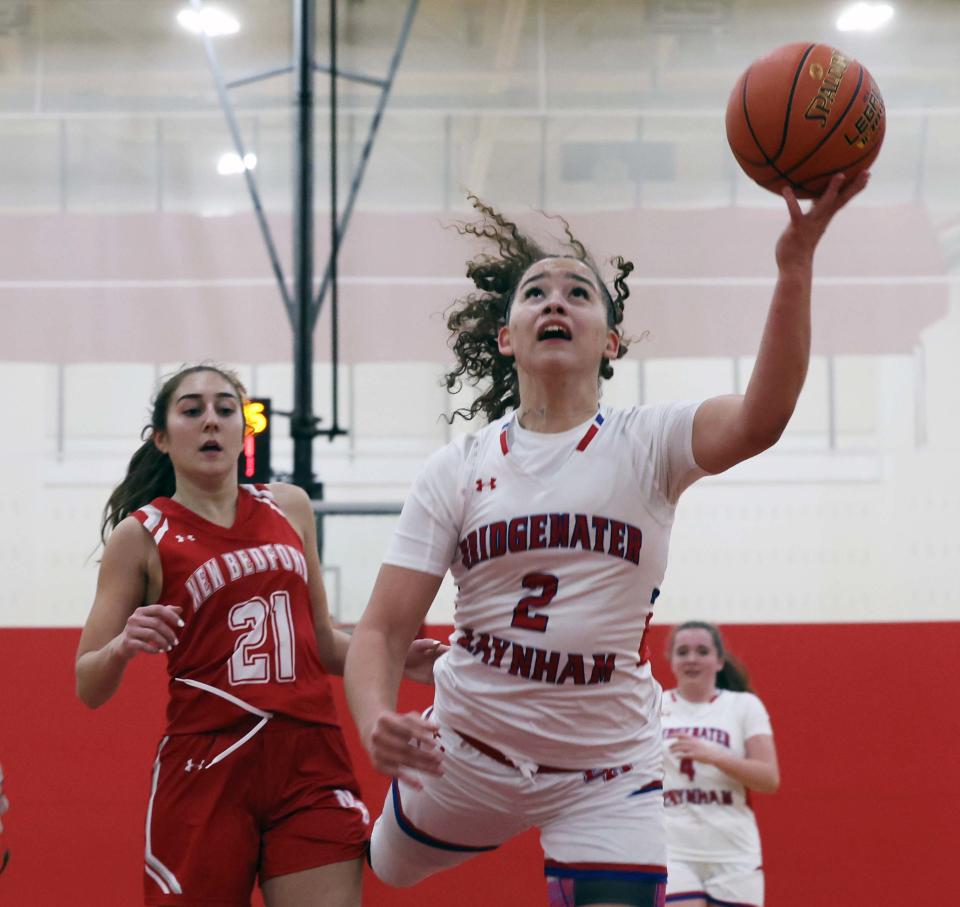 Bridgewater-Raynham's Natalia Hall-Rosa is fouled during a game versus New Bedford on Tuesday, Jan. 3, 2023. 