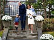 Britain's Prince William (2nd L), Catherine, Duchess of Cambridge, Prince George (L) and Princess Charlotte (R) arrive at a children's party at Government House in Victoria, British Columbia, Canada, September 29, 2016. REUTERS/Chris Wattie