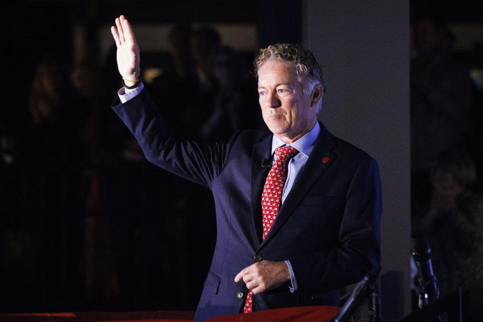 Sen. Rand Paul, R-Ky, waves to his supporters after his victory speech Tuesday, Nov. 8, 2022, in Bowling Green, Ky. Paul defeated Democrat Charles Booker. (AP Photo/Michael Clubb)