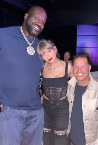 <p>Shaquille O'Neal/Instagram</p> Shaquille O'Neal, Taylor Swift and Jamie Salter at Super Bowl 2024 on Feb. 11.