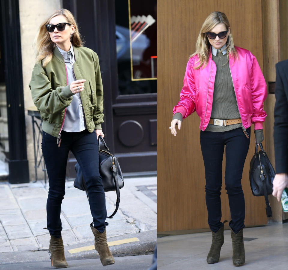 Kate Moss wears a reversible bomber jacket in Paris.