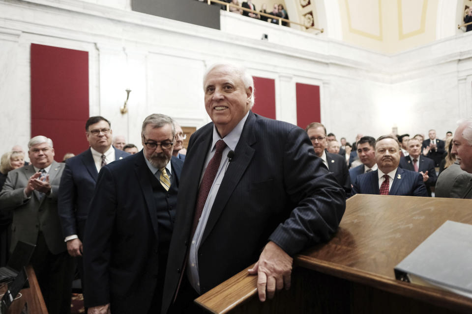 West Virginia Gov. Jim Justice walks to his podium prior to delivering the State of the State address in Charleston, W.Va., on Wednesday, Jan. 10, 2024. (AP Photo/Chris Jackson)