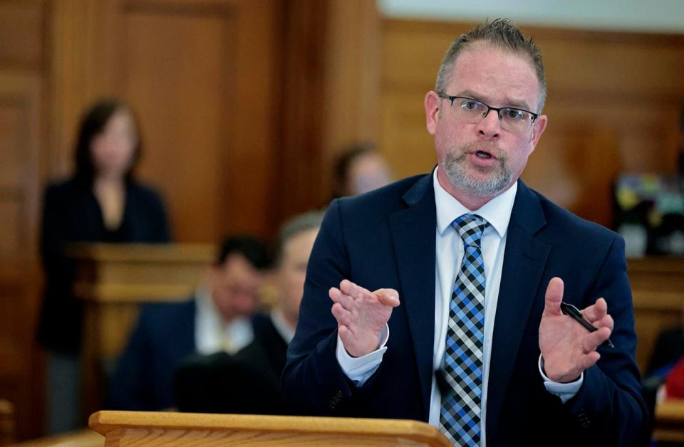 Assistant District Attorney Adam Lally gives his opening statement as the murder trial for Karen Read begins in Norfolk County Superior Court, Monday, April 29, 2024, in Dedham, Mass. Read is accused of backing her SUV into her Boston Police officer boyfriend, John O'Keefe, and leaving him to die in a blizzard in Canton, in 2022. (Pat Greenhouse/The Boston Globe via AP, Pool)