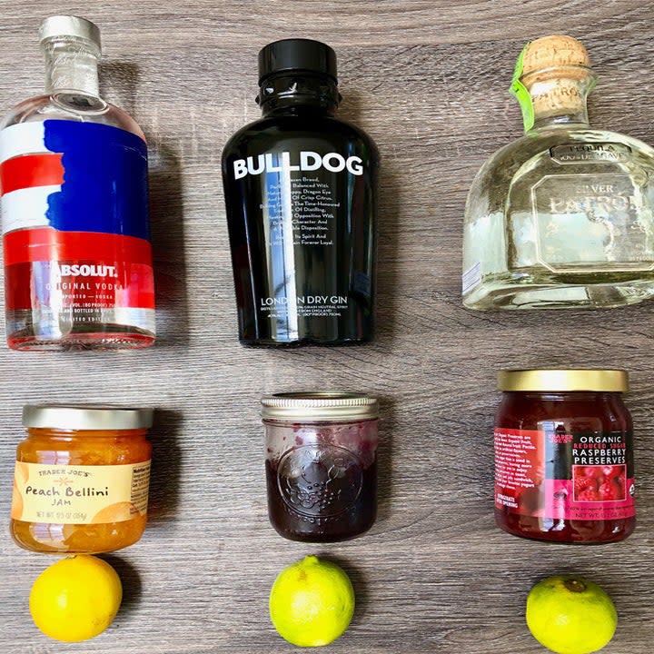 Different ingredients for jam cocktails.