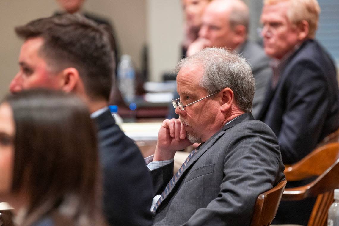 Prosecutor Creighton Waters listens to defense attorney Dick Harpootlian as he delivers his opening statement in Alex Murdaugh’s trial for murder at the Colleton County Courthouse on Wednesday, January 25, 2023. Joshua Boucher/The State/Pool