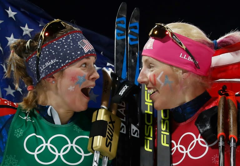 Jessica Diggins (L) and Kikkan Randall became America's first cross-country ski gold medallists